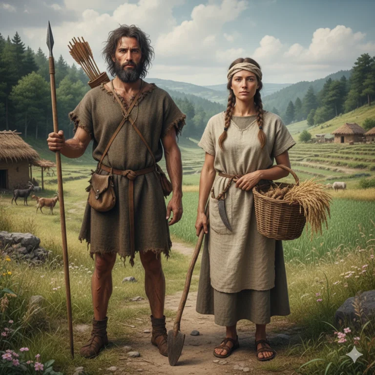 A Neolithic hunter-gatherer man stands next to his wife, a Neolithic farmer