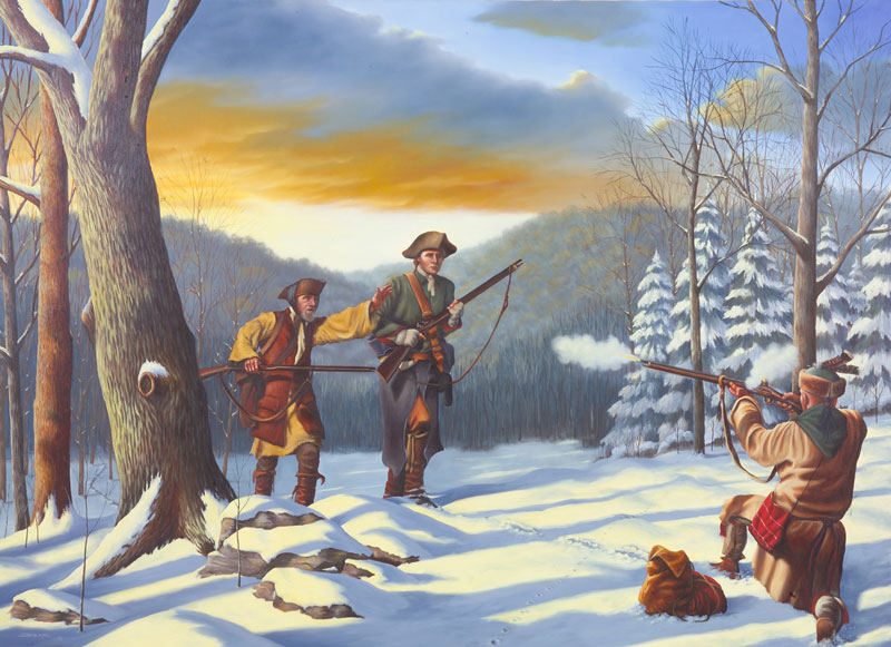 Washington is shot at by an Indian guide but escapes harm.